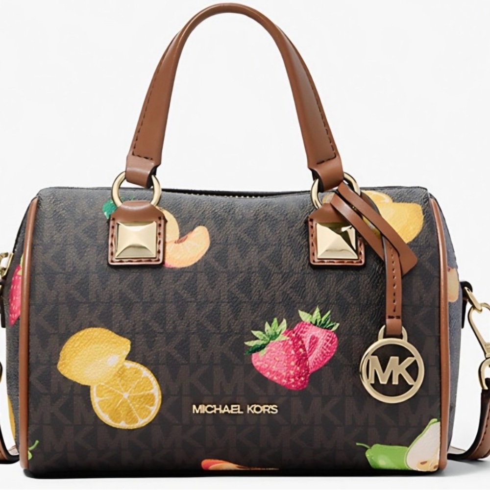 Michael Kors Brown Logo Satchel with Fruit Print